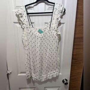 Maurices White Sleeveless Ruffled Tank with Navy Dot Trim